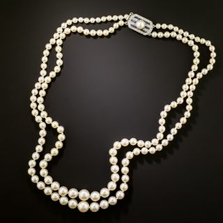 Art Deco Double Cultured Pearl Strand with Sapphire and Diamond Clasp - 3