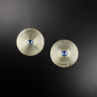 Art Deco Engraved Disk Earrings with Cabochon Sapphires - 2