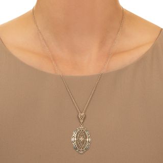 Art Deco Filigree, Enamel and Diamond Necklace
