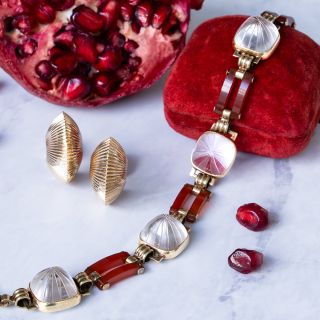 Art Deco Frosted Rock Crystal and Carnelian Link Bracelet