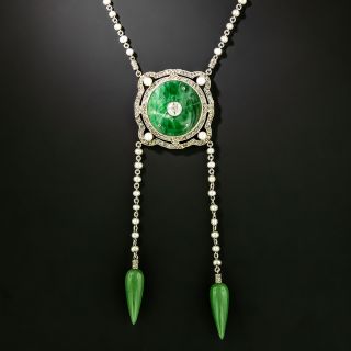 Art Deco Jadeite, Nephrite, Diamond and Natural Pearl Necklace - 2
