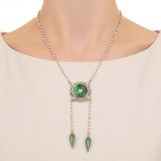 Art Deco Jadeite, Nephrite, Diamond and Natural Pearl Necklace