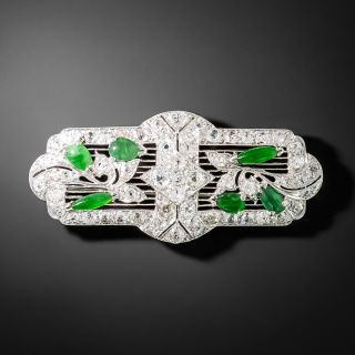 Art Deco Natural Burmese Jade and Diamond Brooch - 1