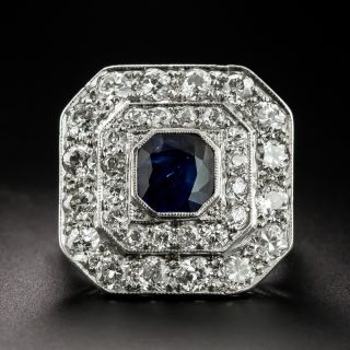 Art Deco No-Heat Sapphire and Diamond Double Halo Ring - 2