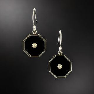 Art Deco Onyx and Pearl Dangle Earrings, English - 4