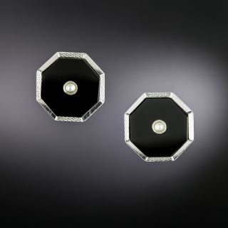 Art Deco Onyx and Pearl Stud Earrings, English  - 1