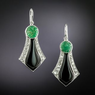 Art Deco Onyx, Diamond and Carved Emerald Earrings - 1