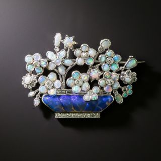 Art Deco Opal and Diamond Flower Basket Brooch - 2