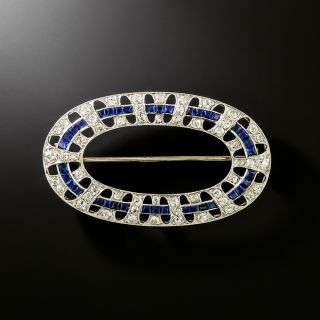 Art Deco Oval Diamond and Sapphire Brooch - 2