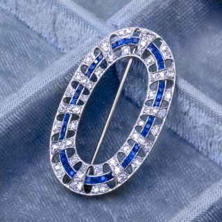 Art Deco Oval Diamond and Sapphire Brooch