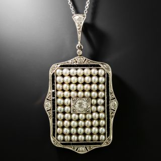 Art Deco Pearl, Onyx and Diamond Pendant - 2