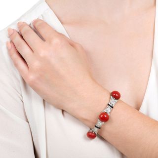 Art Deco Red Coral, Diamond and Black Enamel Bracelet 