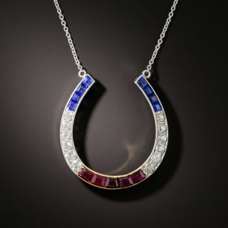 Art Deco Red, White & Blue Horse Shoe Pendant - 6