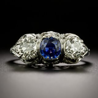 Art Deco Sapphire and Diamond Three-Stone Filigree Ring - 3