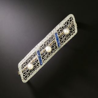 Art Deco Sapphire and Natural Pearl Filigree Brooch - 4