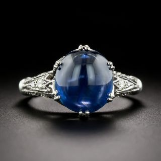 Art Deco-Style 3.77 Carat Cabochon Sapphire and Diamond 18K Ring - GIA - 3