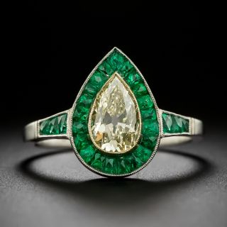 Art Deco Style .90 Carat Pear-Shaped Diamond with Emerald Halo Ring - 3
