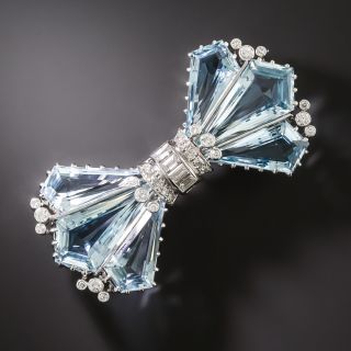 Art Deco-Style Aquamarine and Diamond Bow Brooch by Alabaster and Wilson, UK - 2
