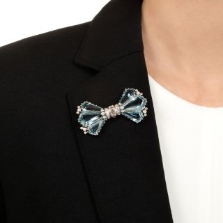 Art Deco-Style Aquamarine and Diamond Bow Brooch by Alabaster and Wilson, UK