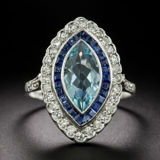 Art Deco-Style Aquamarine and Sapphire Navette Ring - 3