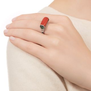 Art Deco-Style Coral, Emerald, and Onyx Ring