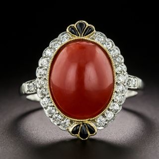 Art Deco-Style Coral, Onyx, and Diamond Ring - 3