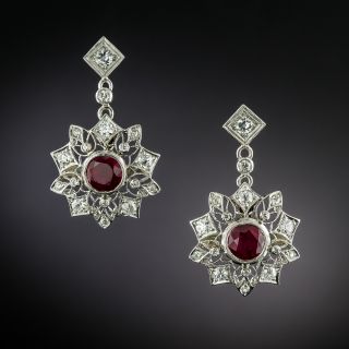 Art Deco-Style Snowflake Motif Ruby and Diamond Dangle Earrings - 4