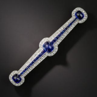 Art Deco Cabochon No Heat Sapphire Diamond and Calibre Sapphire Bar Pin - 1