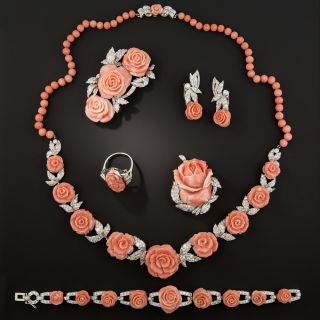 Art Deco Viennese Carved Coral and Diamond Parure, Austria - 1