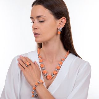 Art Deco Viennese Carved Coral and Diamond Parure, Austria