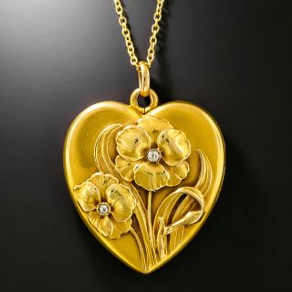 Art Nouveau 14K Pansies Diamond Heart Locket - 2