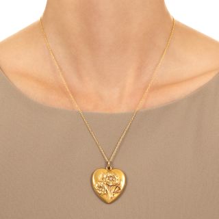 Art Nouveau 14K Pansies Diamond Heart Locket