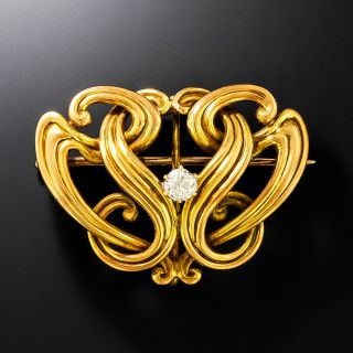 Art Nouveau 14K Whiplash Diamond Brooch - 2