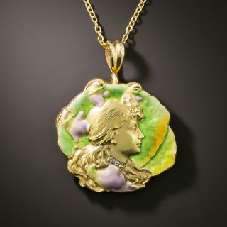 Art Nouveau 18K Enamel Femme Pendant - 4