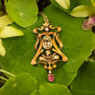 Art Nouveau 5.60 Carat No-Heat Yellow Sapphire And Tourmaline Lavaliere/Brooch - GIA