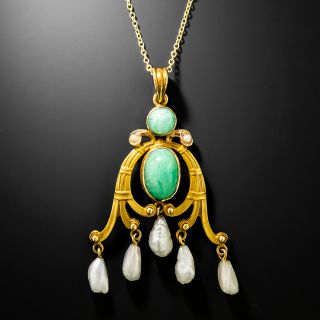 Art Nouveau Amazonite and Natural Pearl Dangle Necklace - 2