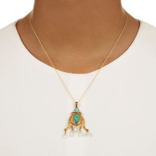 Art Nouveau Amazonite and Natural Pearl Dangle Necklace