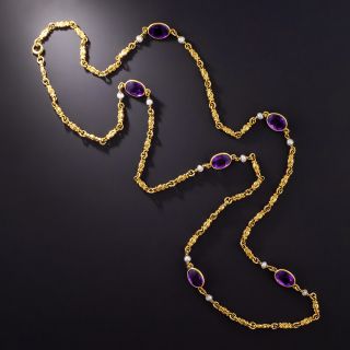 Art Nouveau Amethyst and Natural Pearl Chain Necklace - 1