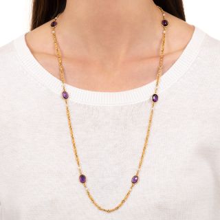 Art Nouveau Amethyst and Natural Pearl Chain Necklace