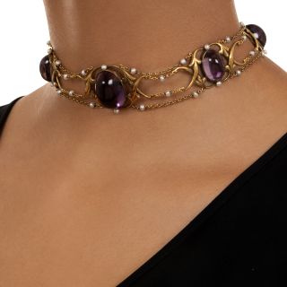 Art Nouveau Amethyst and Seed Pearl Choker Necklace