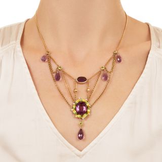 Art Nouveau Amethyst, Peridot and Natural Pearl Necklace