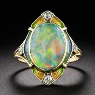 Art Nouveau Black Opal, Diamond, and Enamel Ring - 2