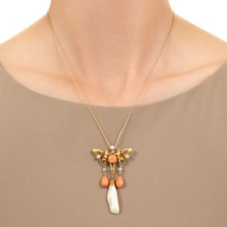 Art Nouveau Coral and Pearl Lavaliere/Brooch by Charles Crossman & Co.