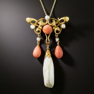 Art Nouveau Coral and Pearl Lavaliere/Brooch by Charles Crossman & Co. - 3