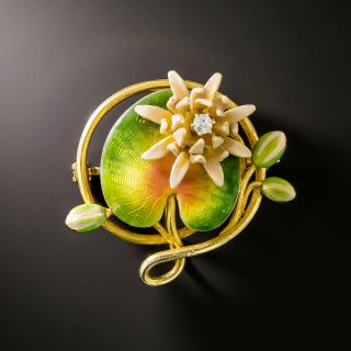 Art Nouveau Enamel Lily Pad Pin/Pendant by Krementz - 2