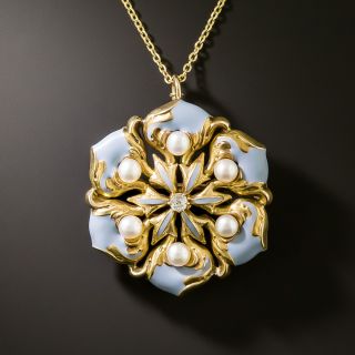 Art Nouveau Enamel, Pearl and Diamond Flower Brooch/Pendant - 3