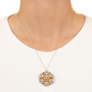 Art Nouveau Enamel, Pearl and Diamond Flower Brooch/Pendant