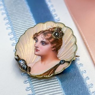 Art Nouveau Enamel Portrait and Diamond Pin