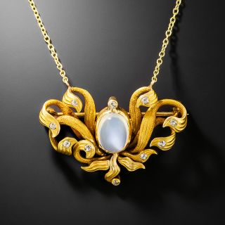 Art Nouveau Moonstone and Diamond Seaweed Pendant/Brooch - 2