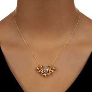 Art Nouveau Moonstone and Diamond Seaweed Pendant/Brooch